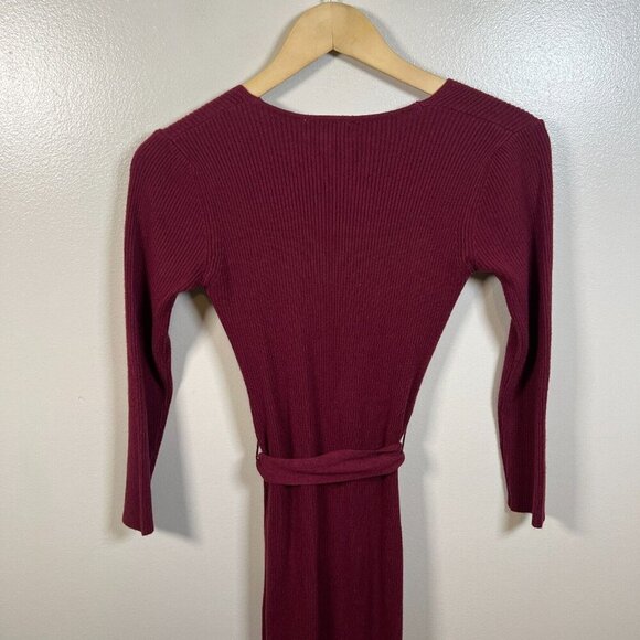 Bohme Ledger Sweater Dress Size XS Burgundy Midi Bodycon Tie Waist Ribbed - Picture 10 of 12